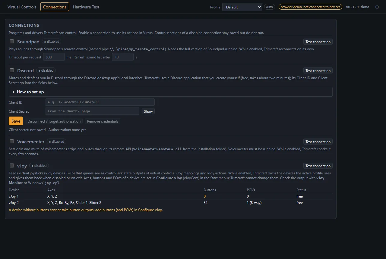 The Connections page with Soundpad, Discord with its setup guide, Voicemeeter, and vJoy with a table of its virtual devices