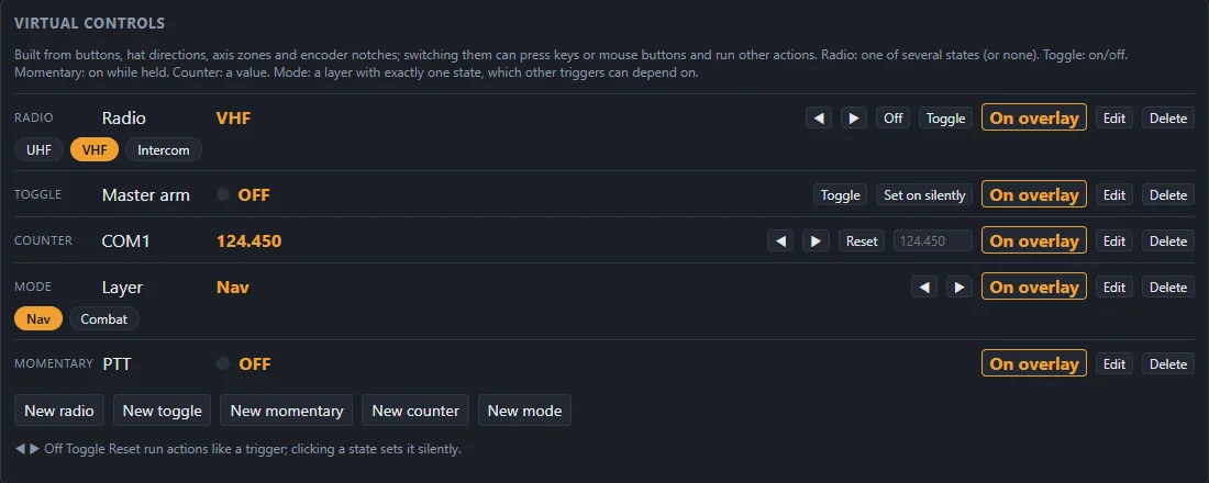 Virtual controls of a profile: radio, toggle, counter, mode and momentary control, each with an On overlay switch