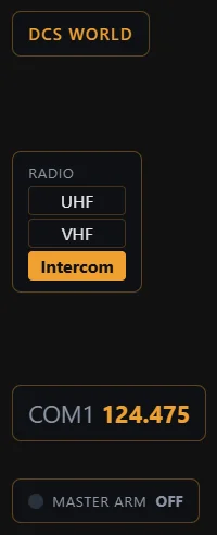 Overlay widgets as they appear over a game: profile name, radio, COM1 counter and Master arm lamp