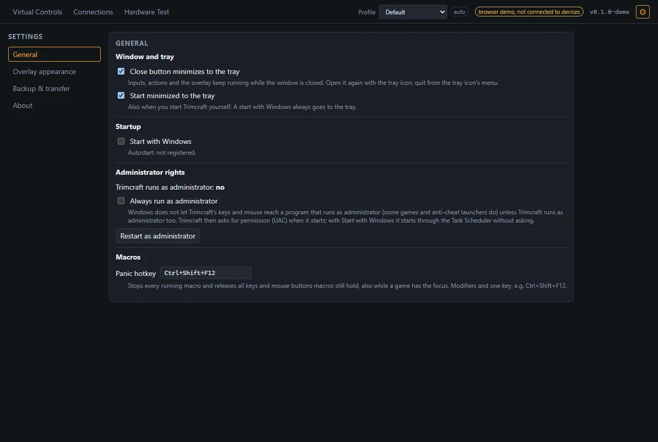 Settings, General: close to tray, start with Windows, always run as administrator, and the panic hotkey Ctrl+Shift+F12