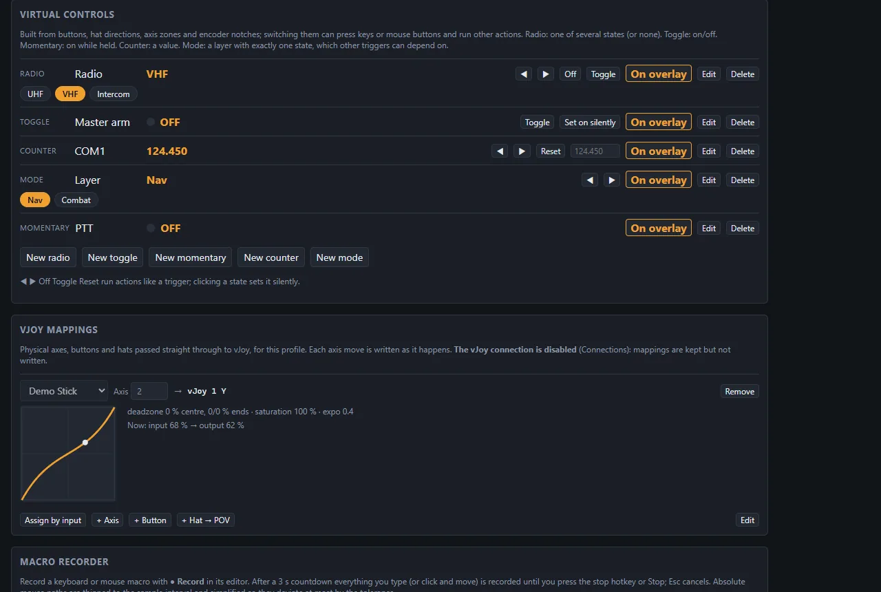 Trimcraft's Virtual Controls page: a radio with UHF, VHF and Intercom, a Master arm toggle, a COM1 counter at 124.450, a Nav/Combat mode and a push-to-talk momentary control, plus a vJoy axis mapping with its response curve